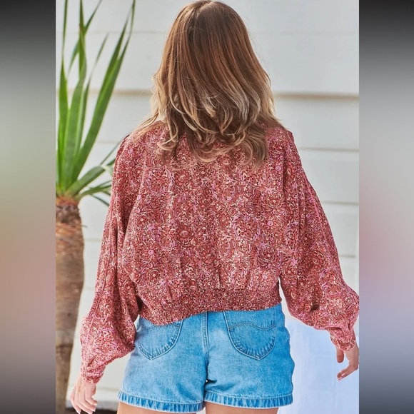 Free People Rosalina Tie‎ Front Jacket Barbie Core Cropped Paisley Mocha Convo M - Picture 5 of 16